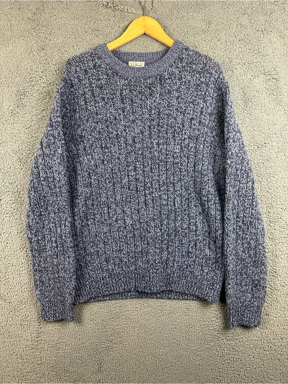 LL Bean Mens Large Lambswool Crewneck Sweater Blue Marled Knit Pullover 500586
